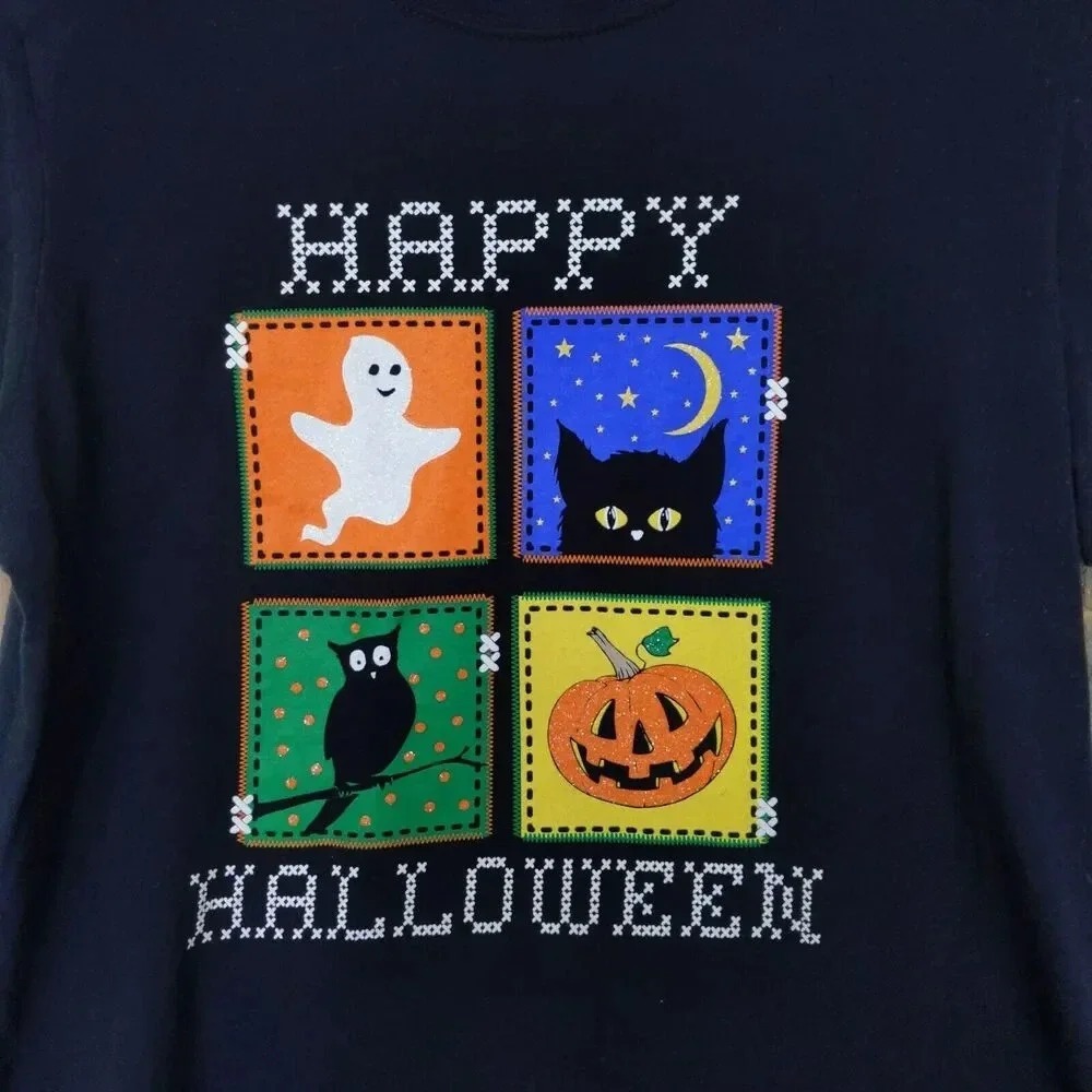 Girls Halloween Black Graphic Tshirt Size Medium Pumpkin Patch Ghost - Picture 3 of 8